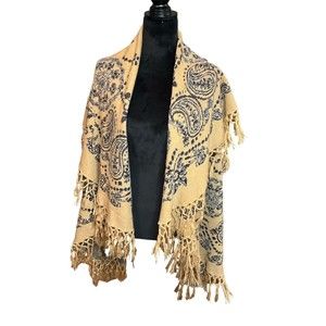 Vintage Acrylic‎ Vest/shaw Tan/Blue Fringe Small-Medium